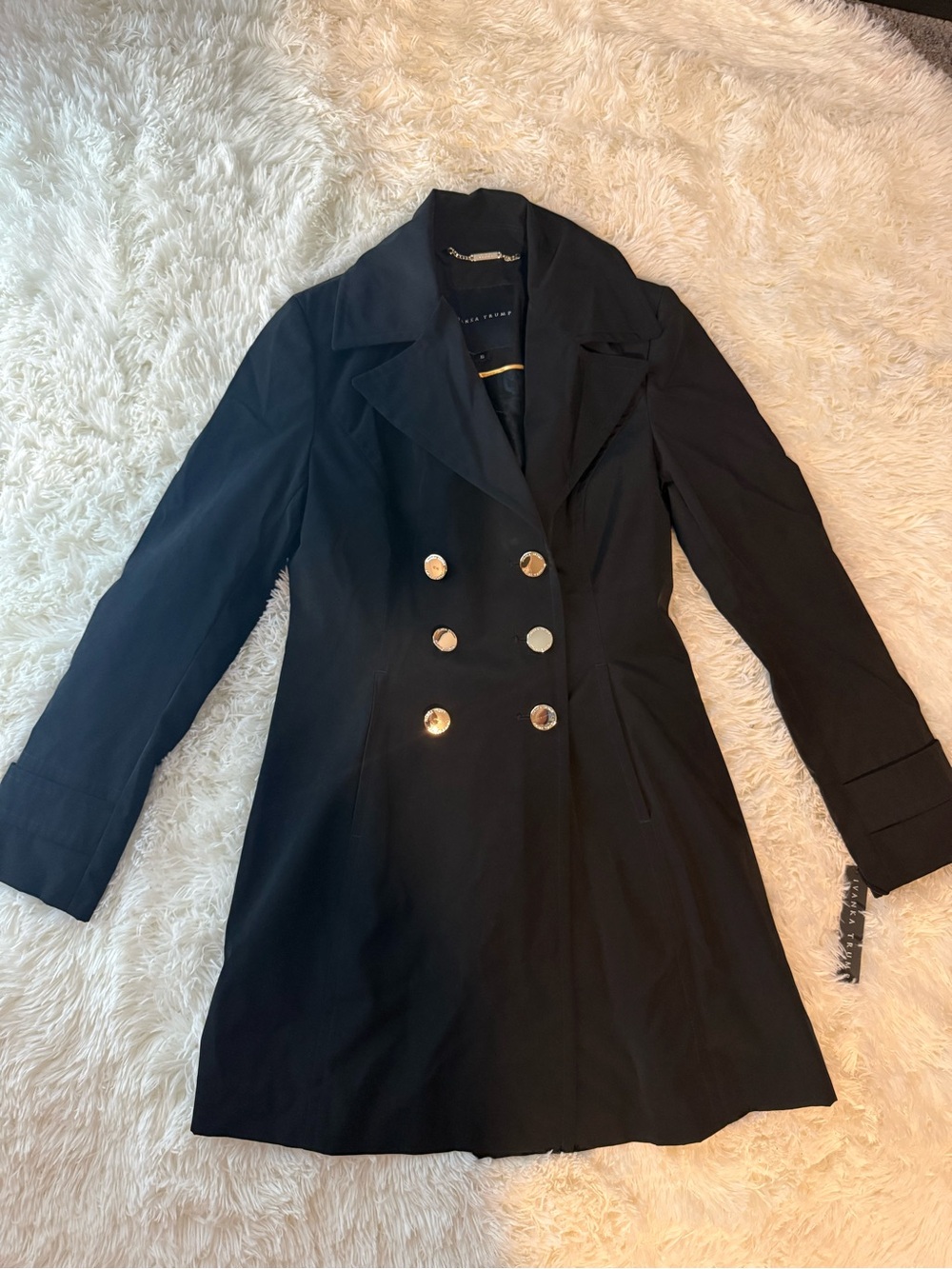 Ivanka Trump Black Double-Breasted Trench Coat with Gold Buttons